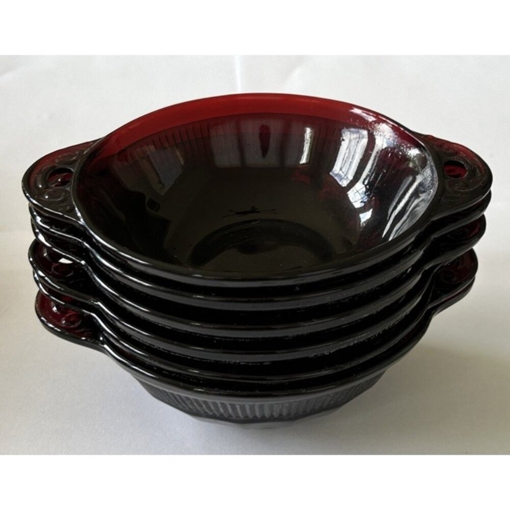 6 Vintage ANCHOR HOCKING Coronation Royal Ruby Red Glass Berry Bowls w/Handles